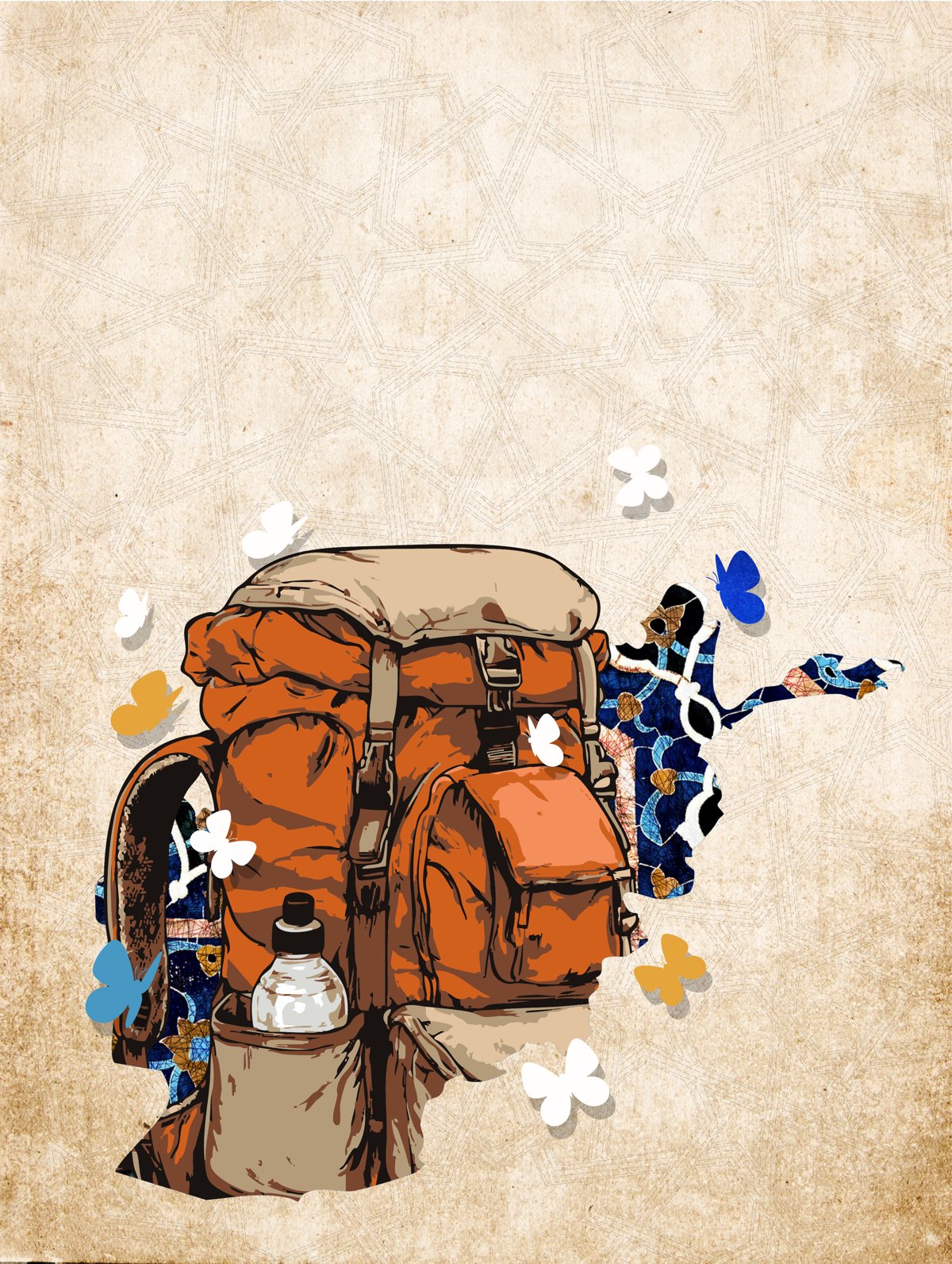 Illustration of a traveler's backpack dissolving into patterned fabric and butterflies, shaped like a map of Afghanistan