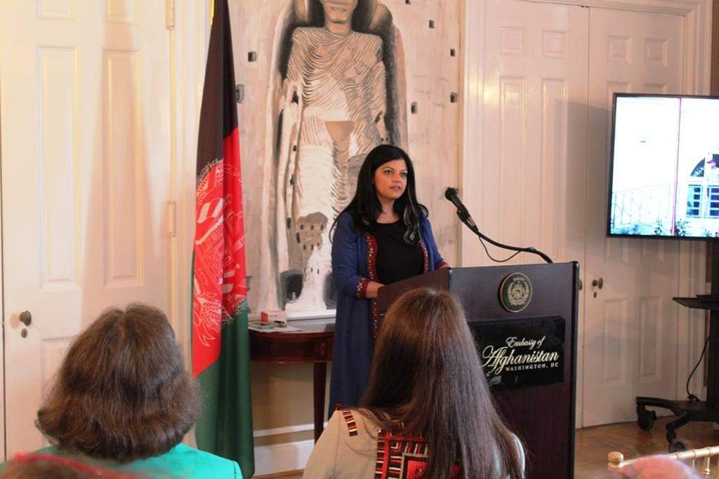Mina Sharif speaking at the Embassy of Afghanistan